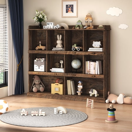 Noble House Aven 53 Modern 10-Shelf Bookcase Melamine Wooden Base Label-Ready Cubbies Contemporary Bookshelf Espresso