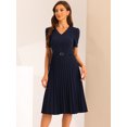 thumbnail image 4 of DARING DIVA V-Neck Short Sleeve Belted A-Line Pleated Dress M Dark Blue, 4 of 6