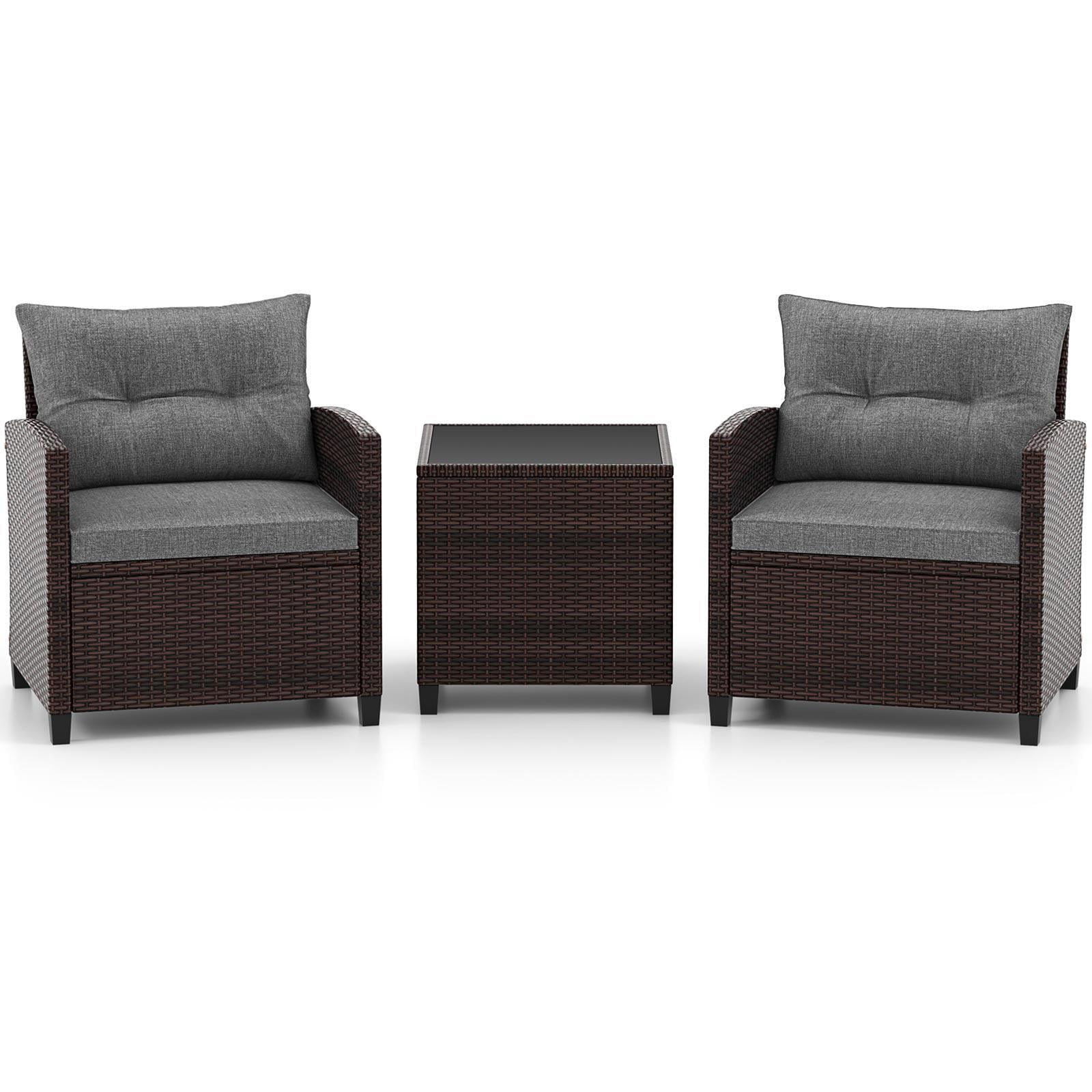 Hommoo 3 PCS Rattan Patio Furniture Set, Outdoor Brown Wicker Conversation Set with Glass Tabletop & Gray Cushion