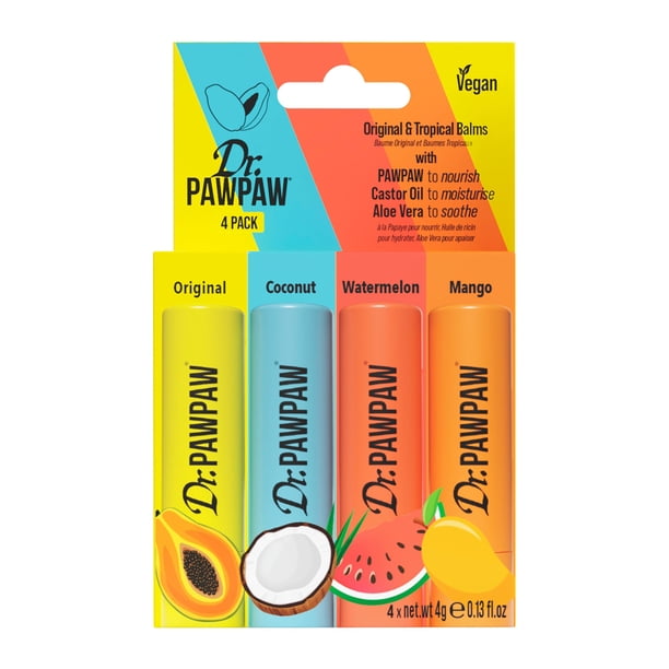 Bálsamo labial Dr. PawPaw, paquete de 4 unidades, hidratante, aloe y aceite de ricino