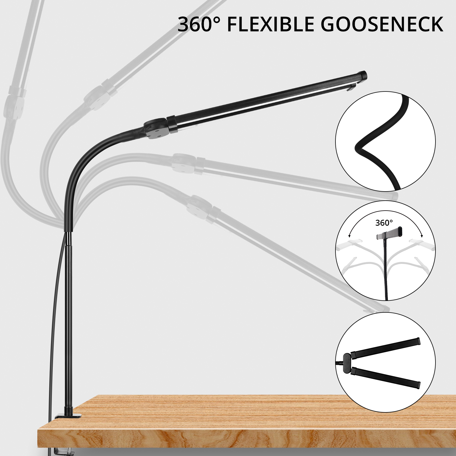 Desk Lamp Clamp Light, Dual Head, Flexible Long Clip Light, 5 Modes x 10 Brightness Dimmable, 12W 960lumen, Usb Office Clamp Task Table Lamp, Black