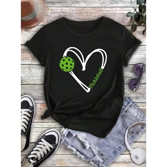 Vibrant Pickleball Lover Heart T-Shirt, Fun Glitter Pickleball Ball Graphic Tee, Comfortable Sporty Game Day Apparel for Men & Women