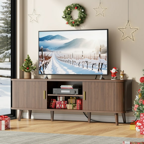 GIKPAL Meuble Télé Cannelé pour Télé de 65 Pouces – Centre de Divertissement Moderne avec Prises de Courant, Tablettes Ajustables et Portes Coulissantes, Console Multimédia Élégante pour Salon, Noyer