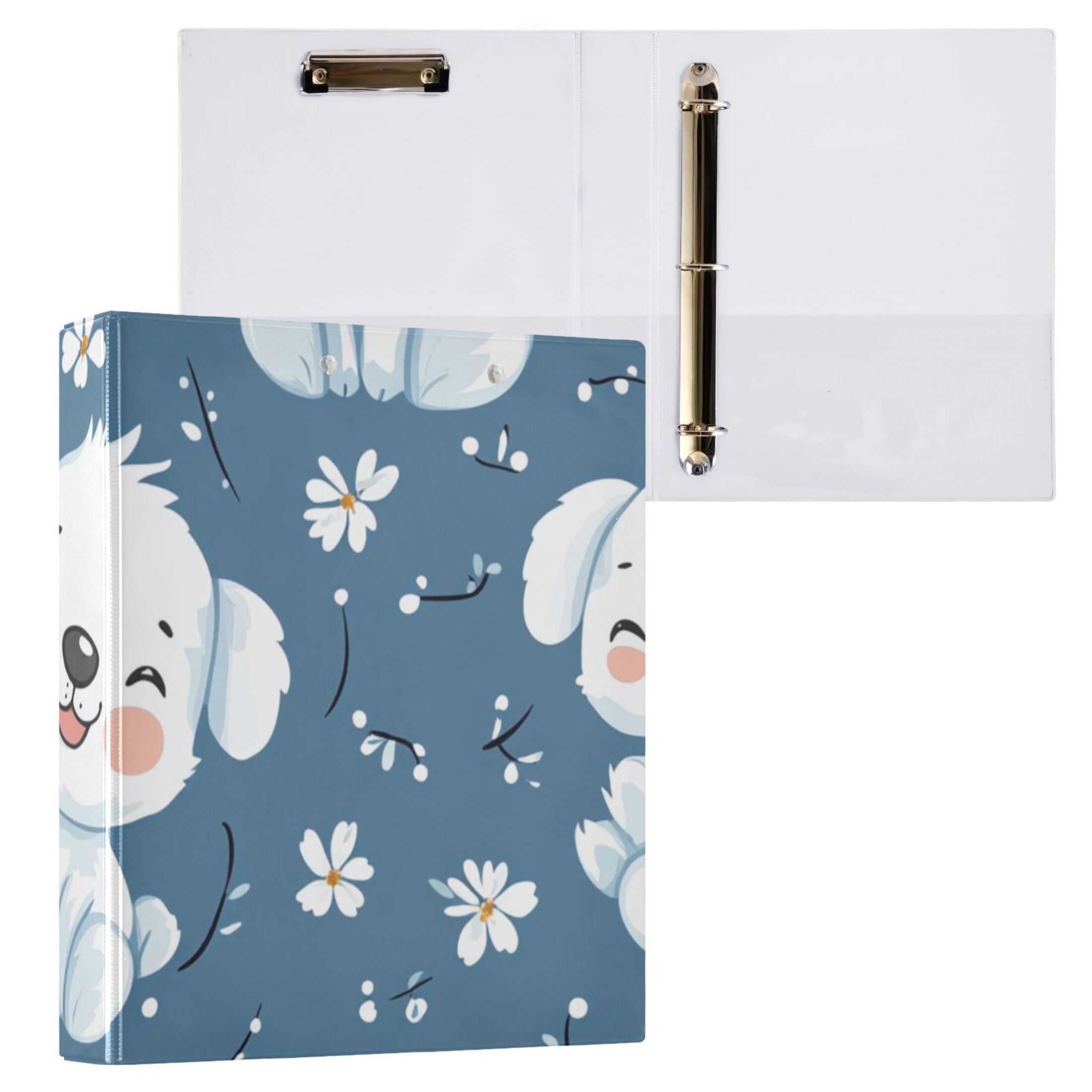 White Puppy Flowers 3 Ring Binders 1.5 inch Hardcover File Folders with Interior Pockets A4 Size Organizer for School Office Hospital Set of 2