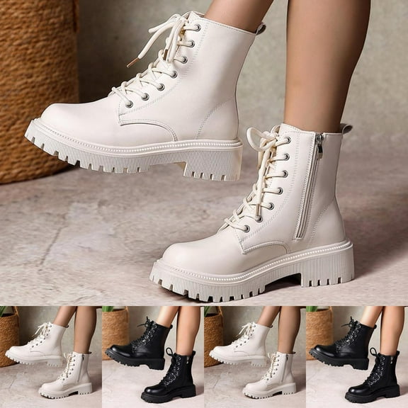 Short Ankle Boots British Style Lace-Up Side Zipper Chunky Heel for Women Casual Outdoor Indoor Fashion Footwear