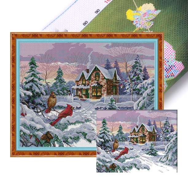 Kit Punto Cruz Con Escena Nieve Impresa Hilo Algodón Bordado 14CT 49x38cm