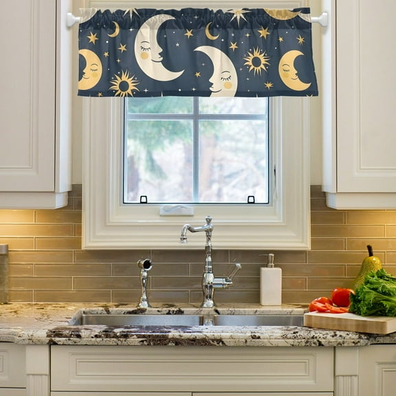 Sun and Moon and Star Curtain Valances Farmhouse Design Window Treatment Decor Blackout Rod Pocket for Windows Living Room Kitchen 54" x 18"