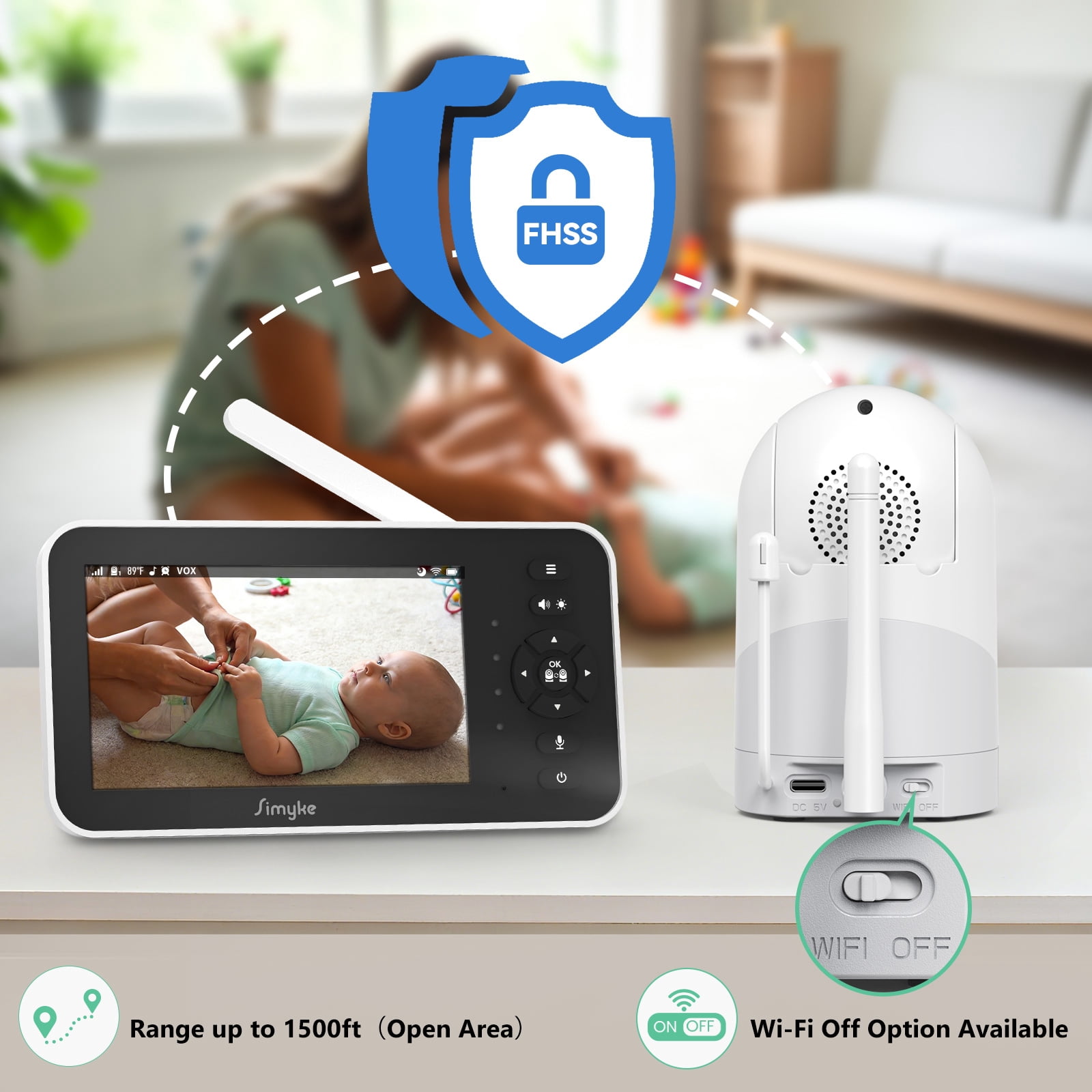 Simyke 2Camera Video Baby Monitor with Audio,5'' IPS Screen,720P HD,App,Remote Pan/Tilt/Zoom,5Lullabies,Feeding Remind,HD Night Vision, VOX,2-Way Talk,1500ft Long Range,Temperature Sensor