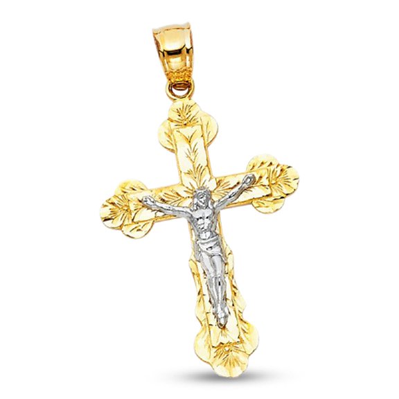 Budded Crucifix Pendant Solid 14k Yellow White Gold Jesus Cross Charm Religious Two Tone 28 x 20 mm