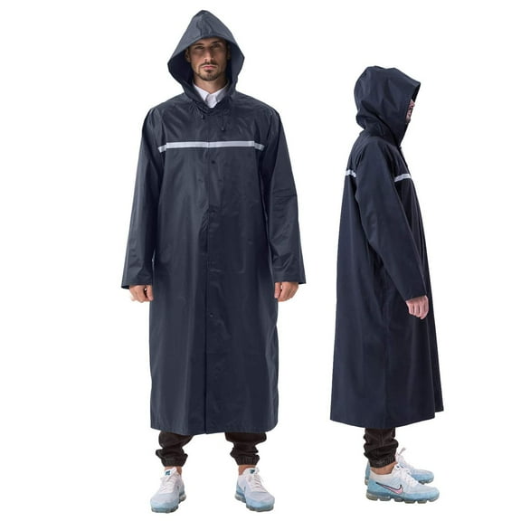 Raincoat 100% Waterproof, Extra Long Rain Cover with Pockets/Reflective Stripes/Drawstring Hoods/Zipper/Button