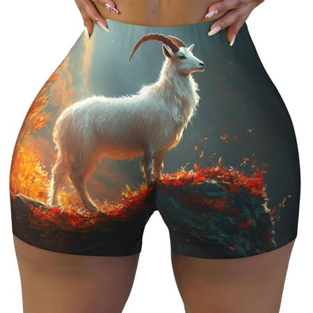 Workout Shorts Women  Autumn Maple Leaf Mountain Goat Biker Shorts for Women Running Gym Spandex Shorts Tummy Control