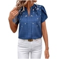 thumbnail image 1 of Tops de Color Sólido para las Mujeres Blusa de Manga Corta Plisada Hueca, Cuello de Pie Top de Moda Casual, 1 of 9