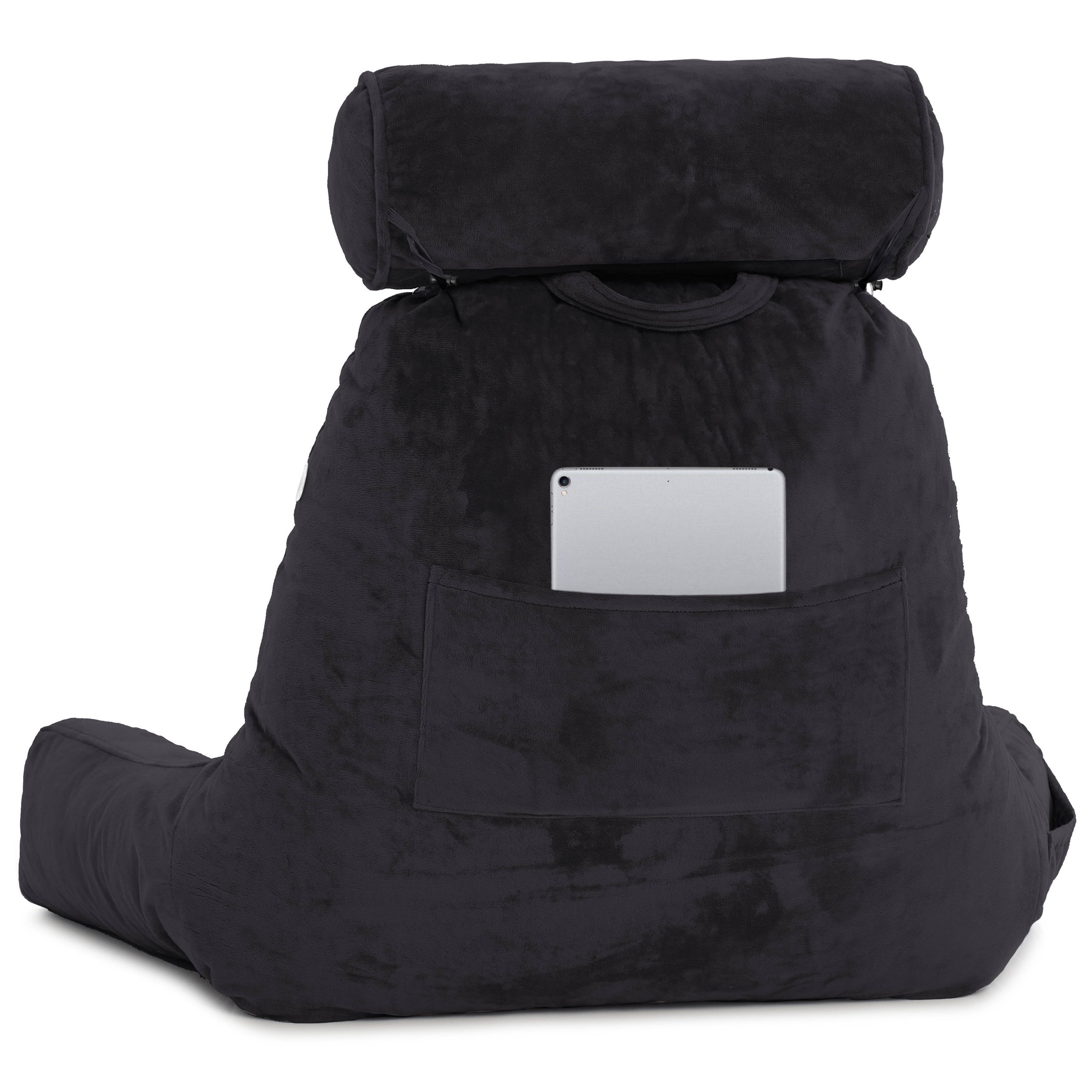 Husband Pillow Medium Black, Backrest for Kids, Teens, Petite Adults - Reading Pillows With Arms, Adjustable Loft, Plush Memory Foam, Bed Rest Chair for Sitting Up, Detach Neck Roll, Removable Cover