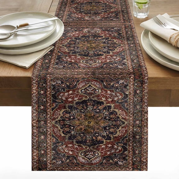 Retro Flower Table Runner 13x48 inch Art Carving Textures in Egyptian Style Cotton Linen Dining Table Runner Ideal for Dresser Kitchen Coffee Tables - Machine Washable