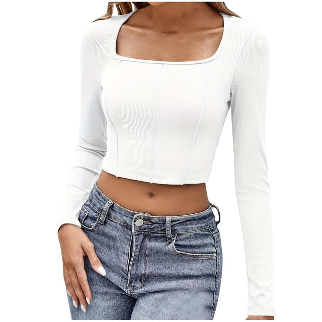 Timegard Hauts de Sortie pour Femmes Manches Longues Col Carré T-Shirts Courts Blouse Ajustée Automne