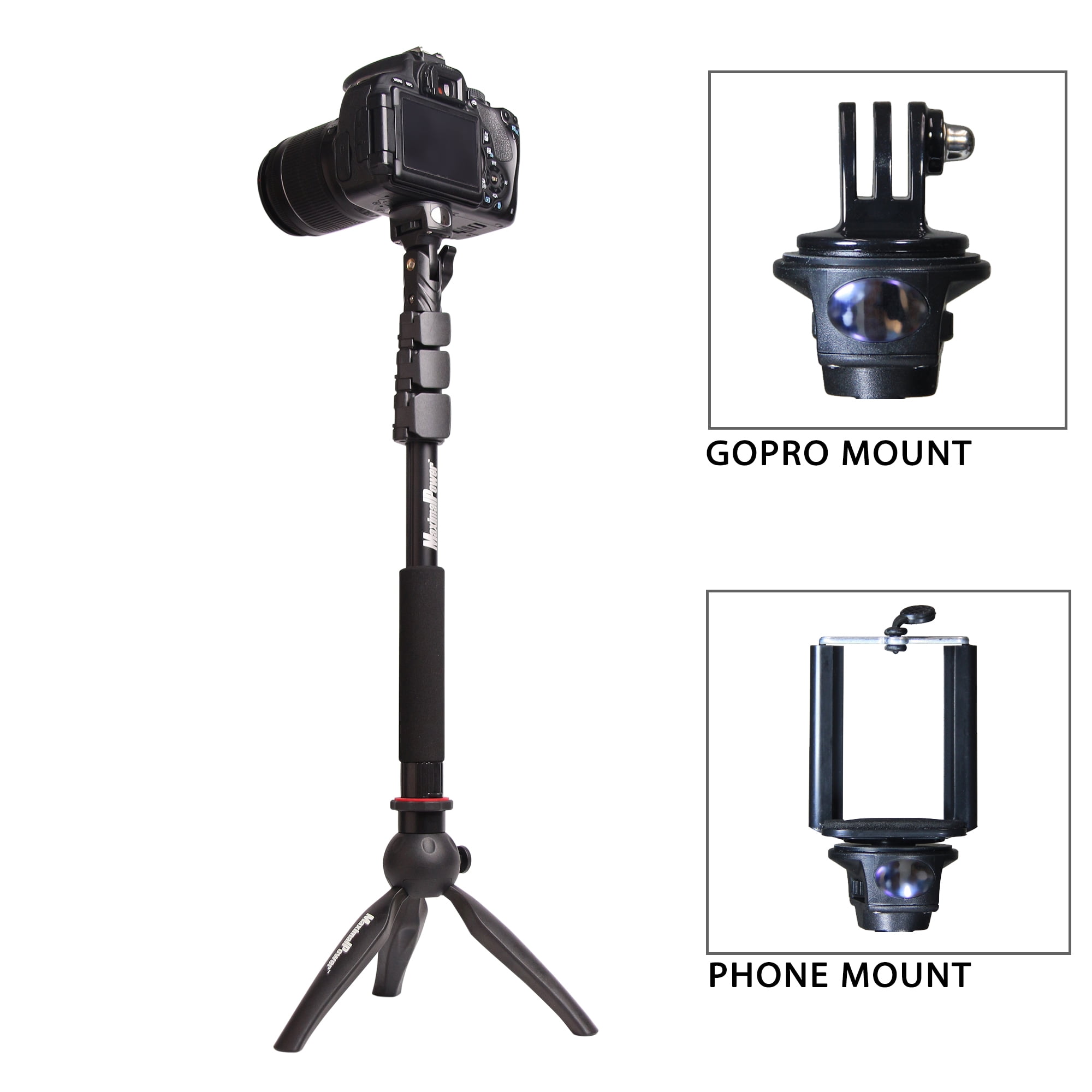 MaximalPower Monopod + Mini Tripod for GoPro Smart Phone & Camera