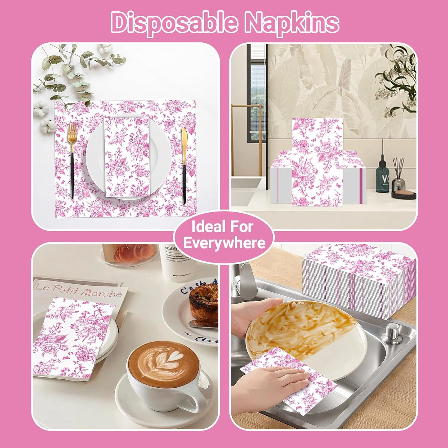 100 PCS Pink Napkins Disposable, Pink Wildflower Paper Napkins 3 Ply Paper Towels Home Party Guest Bathroom Chinoiserie Napkin Bridal Shower Wedding, Decorative Napkins