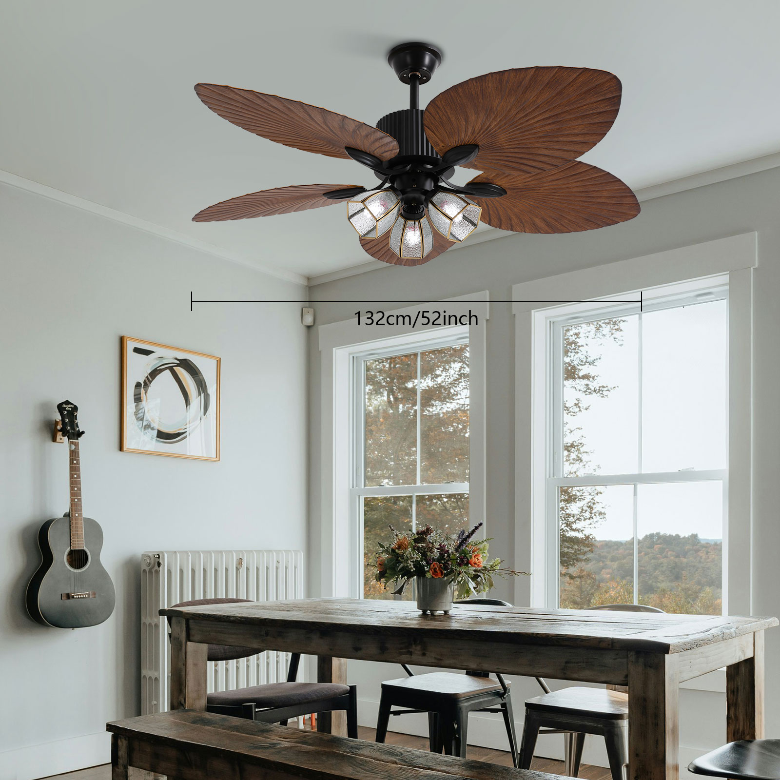 Black ABS 52-Inch Fan Chandelier Remote Control Positive And Negative Three-Burner Black Leaf Fan Ceiling Lamp
