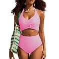 thumbnail image 4 of Women's High Waisted 2 Piece Bikini Sets Striped Swimsuits Halter Bathing Suit Beach Swimwear 2026 Hot Pink 2XL, 4 of 6