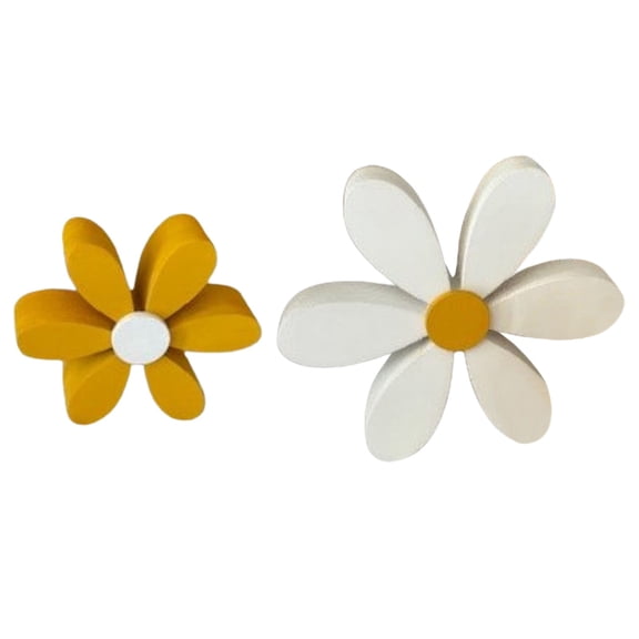 Rirozkan Wood Decor, 2 Piece Daisy Flower Shelf Sitter Set, Small Tabletop Ornaments for Desk, Living Room and Home Office Decorations
