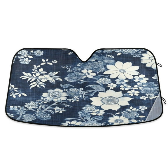 Qxltty White Vintage Flower in Indigo Blue Car Windshield Sunshades Foldable UV Rays Sun Visor Protector Keep Your Vehicle Cool 53×23.5in