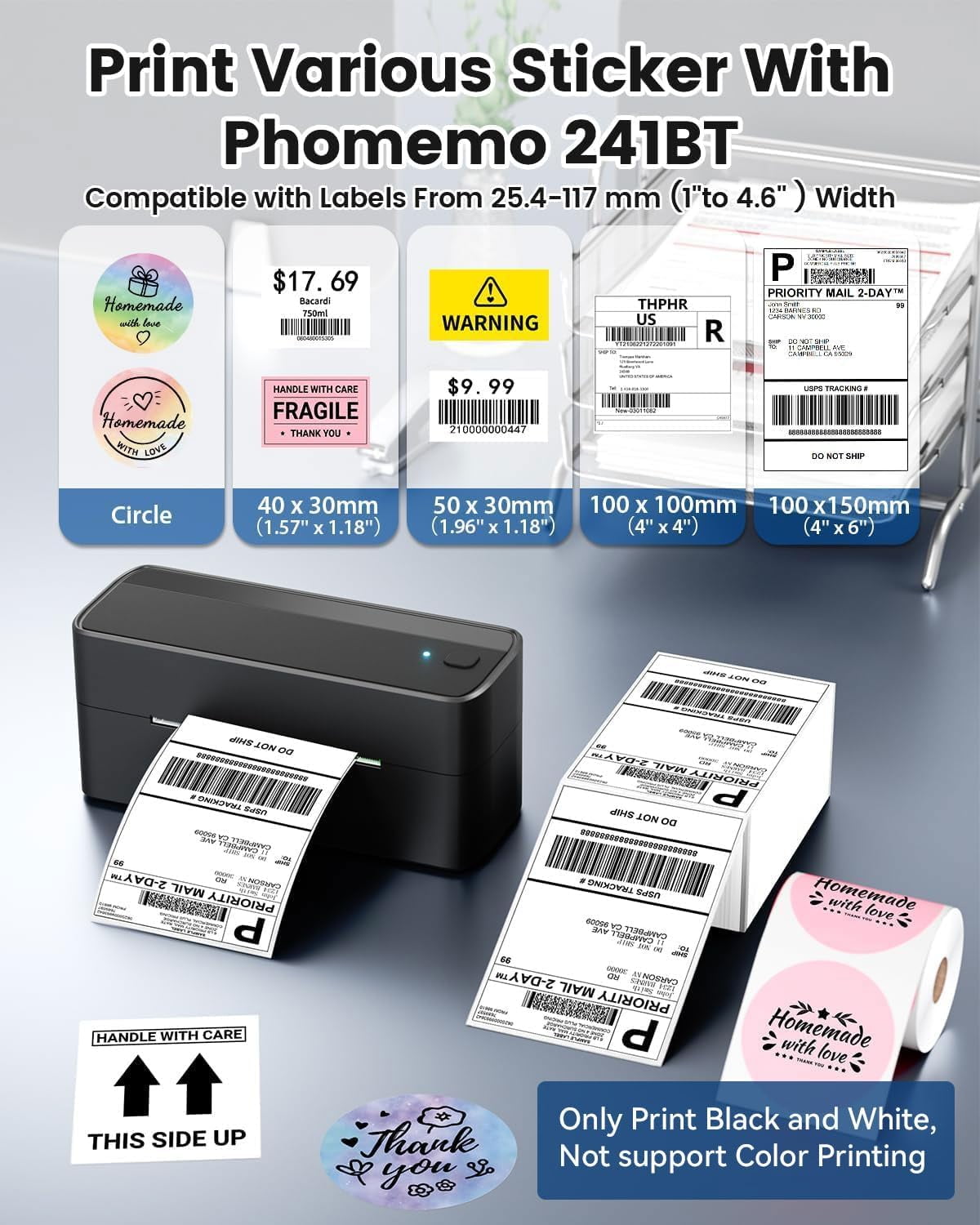 Bluetooth Shipping Label Printer, 241BT 4X6 Wireless Thermal Label Printer for Small Business, Labels Printers for Shipping Package, Compatible with iPhone, Android, Amazon, Shopify, Black