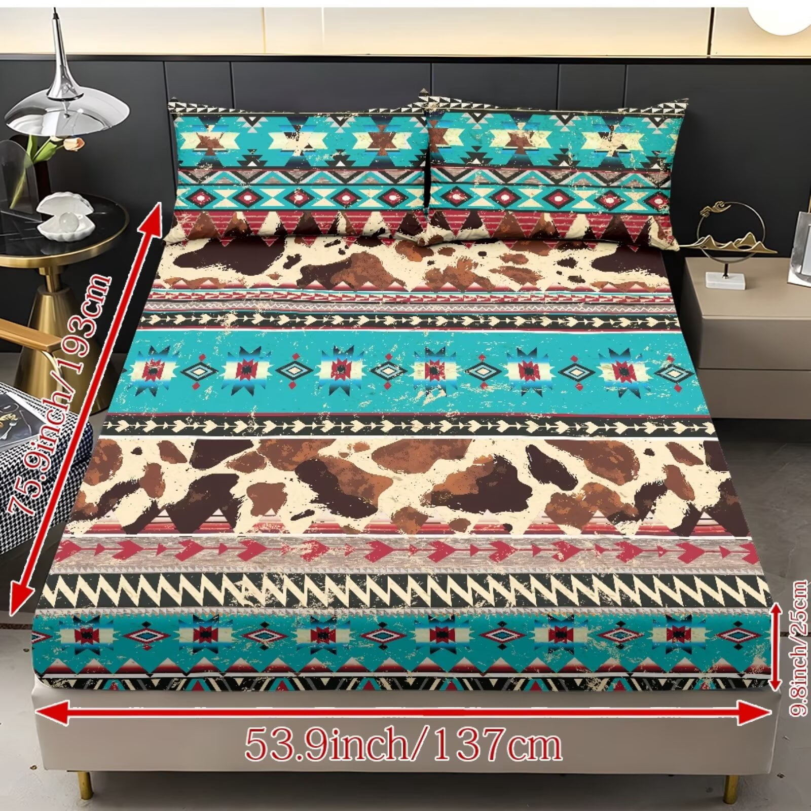 ZIATUBLES Aztec Cow Printed Twin Sheet Set, Soft Cozy Bed Sheet with Pillowcase, Chic Bedding Decor Set, Easy Care for All Seasons, Ideal for Comfy Sleep