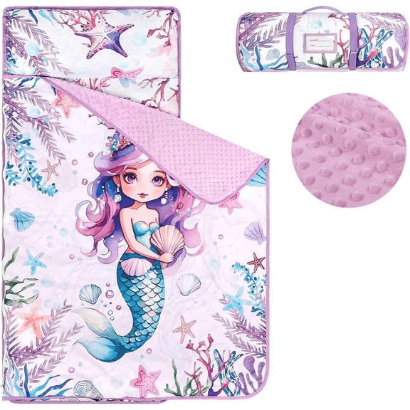 Toddler Nap Mat with Removable Pillow & Soft Minky Blanket, Extra Large Rolled Napping Mats for Girls Boys, Kids Slumber Bags for Daycare, Preschool Travel Camping