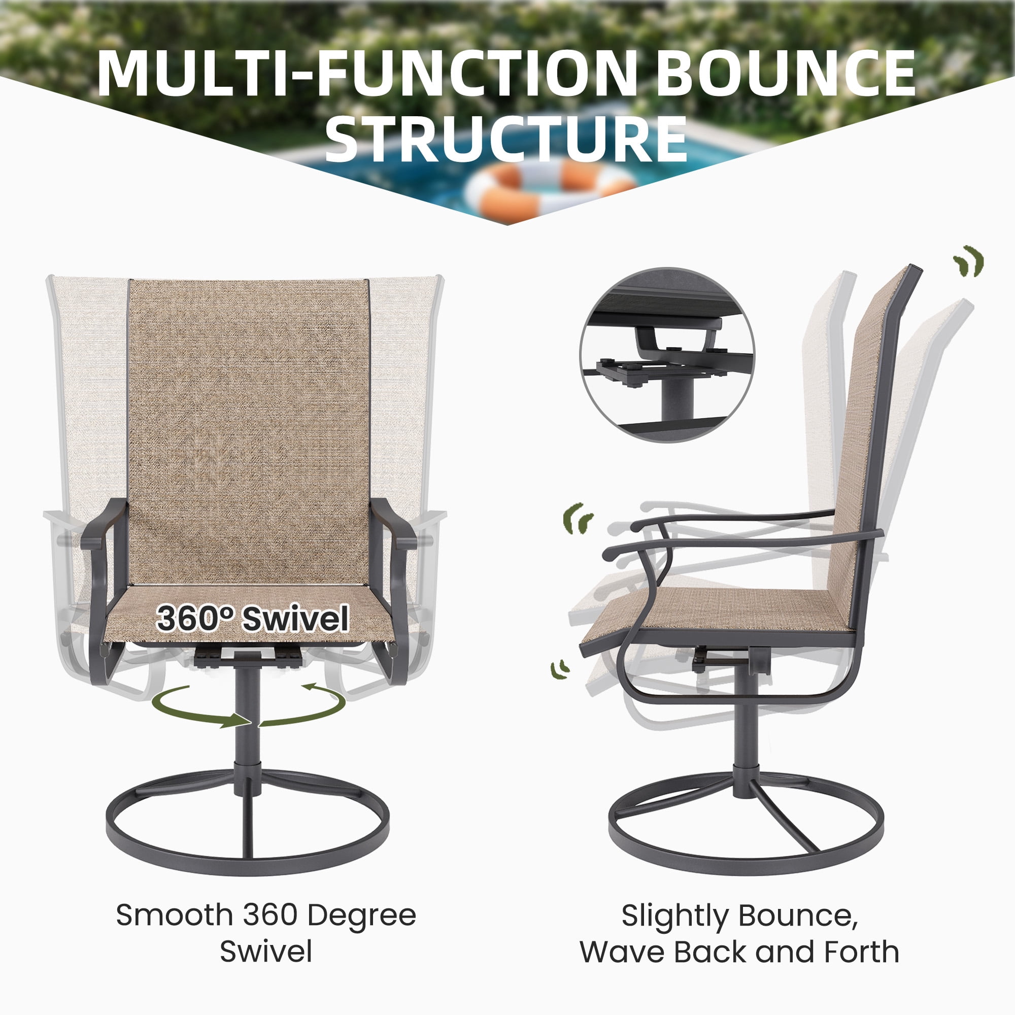 ELPOSUN Patio Swivel Chairs Set of 2, Outdoor Dining Chairs High Back All Weather Breathable Textilene Outdoor Swivel Chairs with Metal Rocking Frame for Lawn Garden Backyard Deck, Khaki