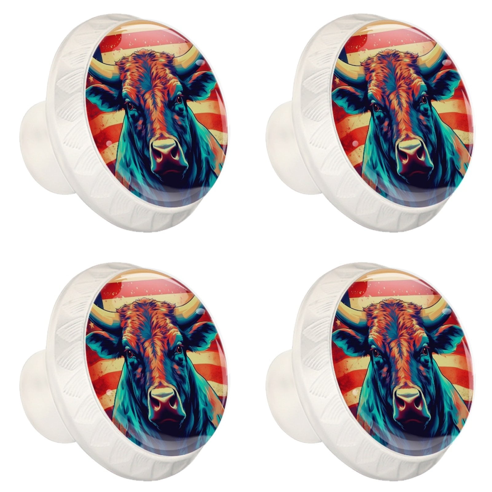 4 Pcs Cow American Flag Knobs for Kitchen Cabinet Cupboard Dresser Bookcase Drawer Pulls Handles Round Home Decor