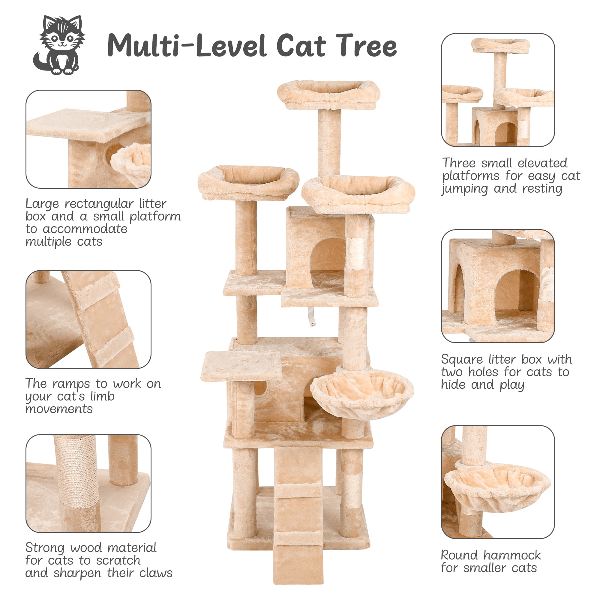 Pefilos 63" Cat Condo for Large Cats 20 lbs, Cat Tree Tower for Indoor Cats, Pet Club Cat Tree House Furniture, Beige Pefilos 63" Cat Condo for Large Cats 20 lbs, Cat Tree Tower for Indoor Cats, Pet Club Cat Tree House Furniture, Beige