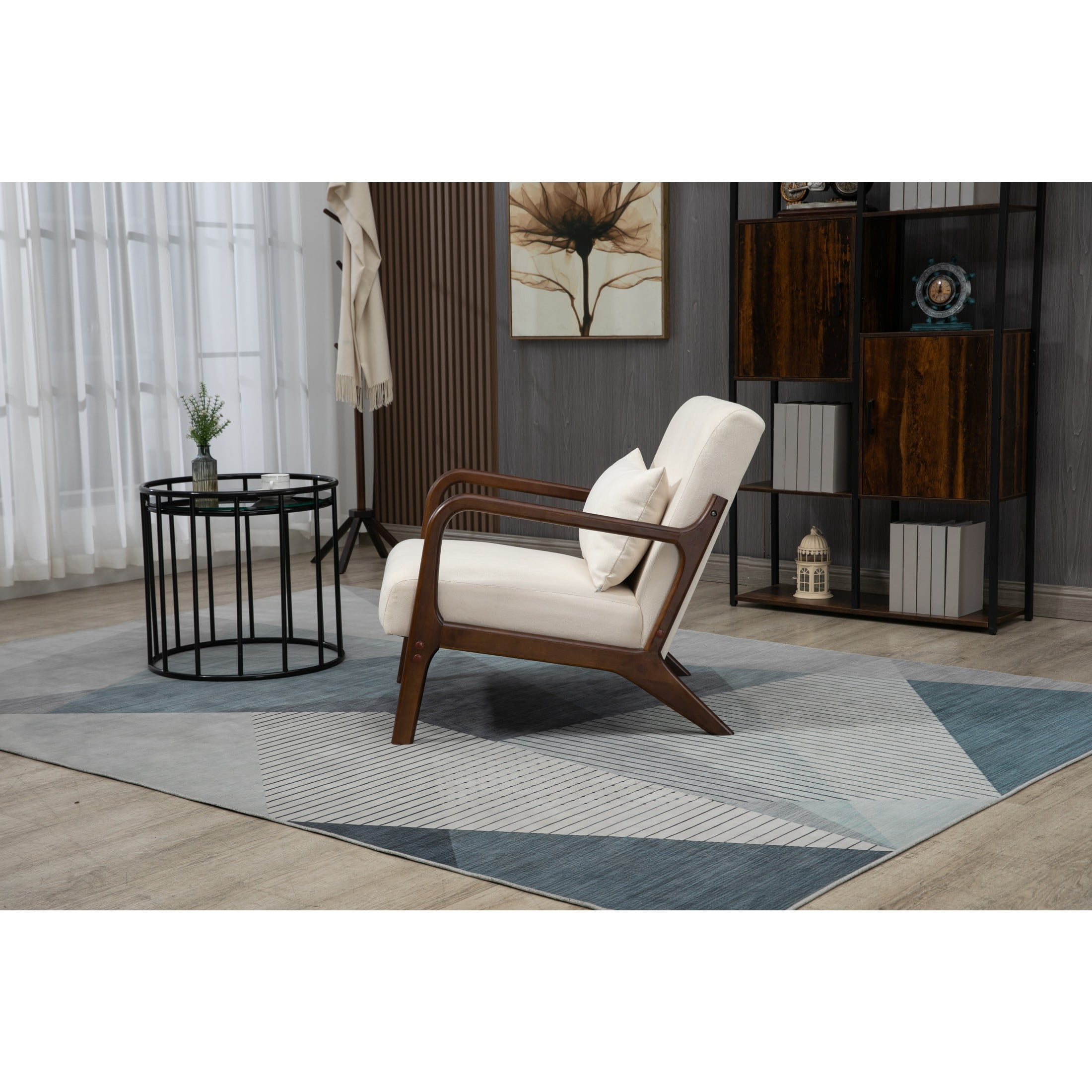 GDF Studio Ciara Mid-Century Modern Solid Wood Accent Chair, Reading Armchair for Living Room, Bedroom, White & Walnut