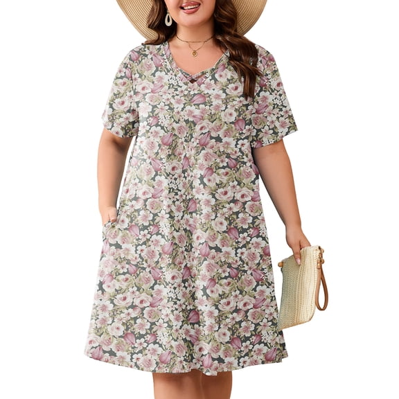 SHOWMALL Women's Plus Size Short Sleeve Dress with Pockets, Criss Cross V-Neck Casual T-Shirt Dress, Romantic Rose Floral Pink 3X Summer Vacation Beach Dress