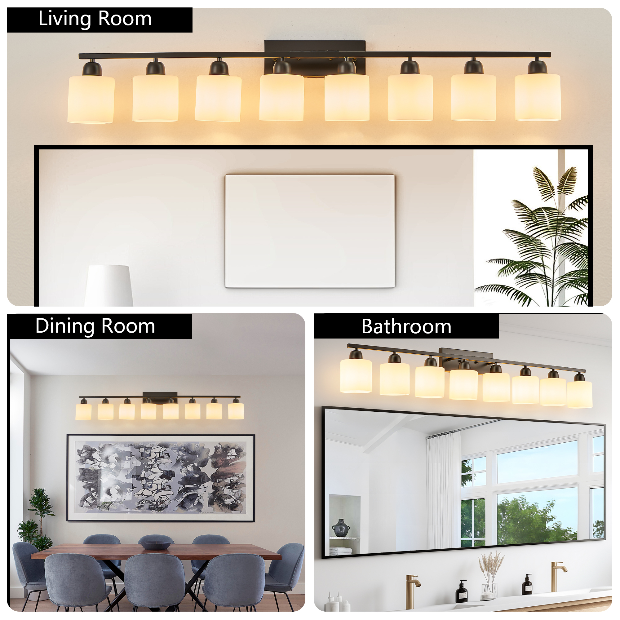 Leumius 8-Light Bathroom Vanity Light Fixture, Modern Vanity Light Over Mirror, Wall Sconces with Milky White Frosted Glass Shades for Mirror, Bathroom, Bedroom and Hallway Black (No Bulbs)
