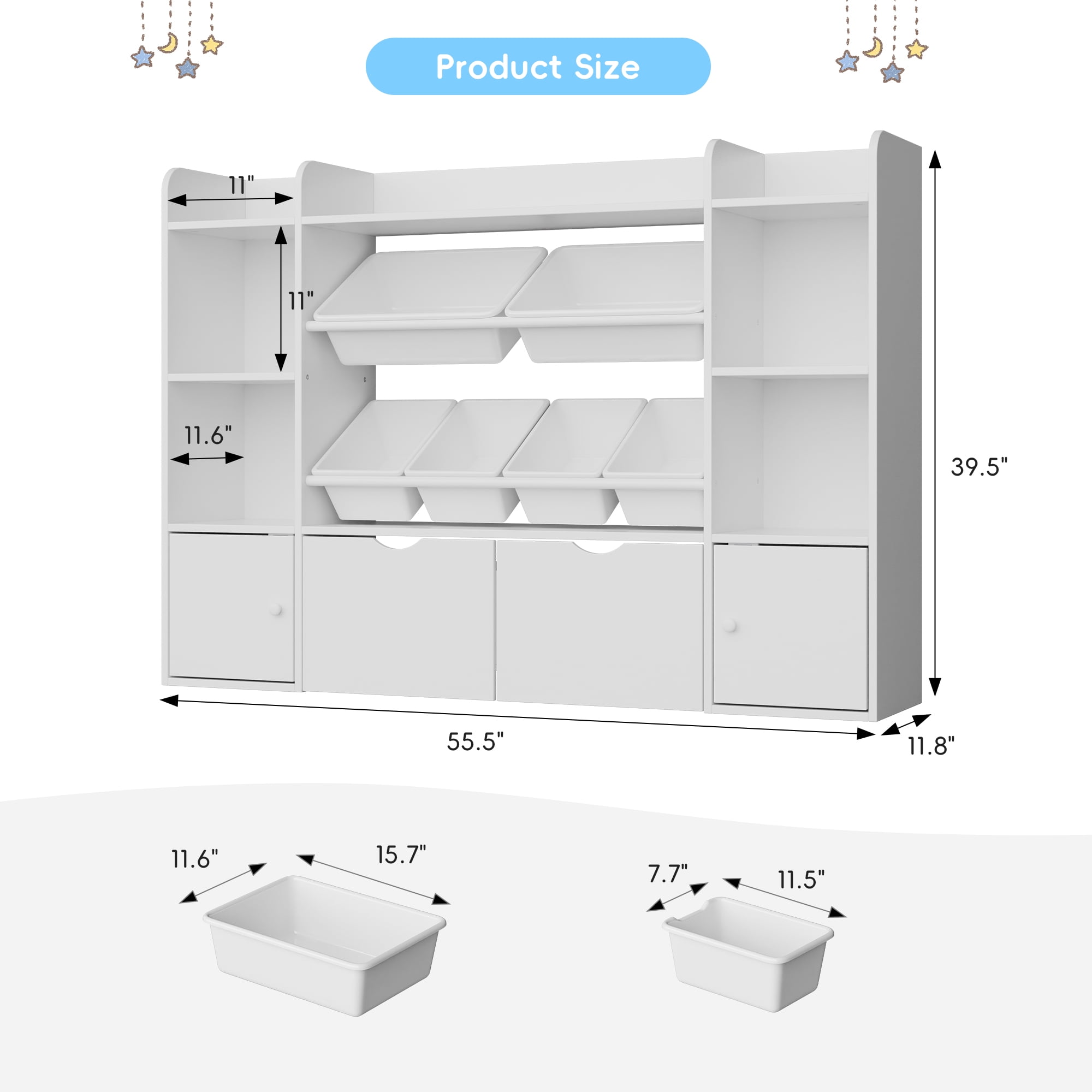 Reasea 6-Bin Toy Storage Organizer for Kids – 4-Tier Bookshelf with 6 Removable Cubbies & 2 Movable Drawers, Kids Toy Shelf for Playroom, Bedroom– White
