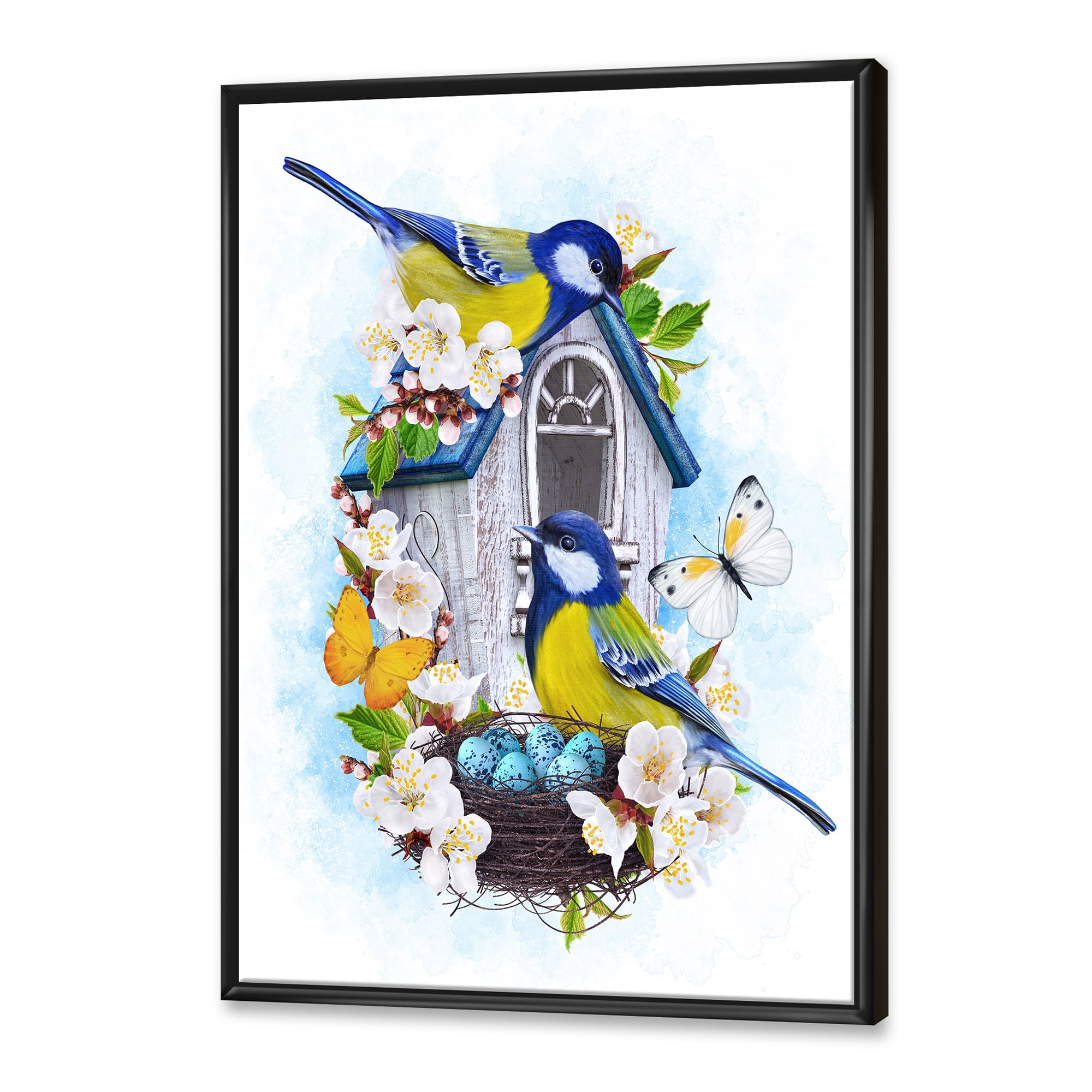 Designart 'Two Tit Birds Sitting Near The Nest With Eggs and White Flowers I' Traditional Framed Canvas Wall Art Print