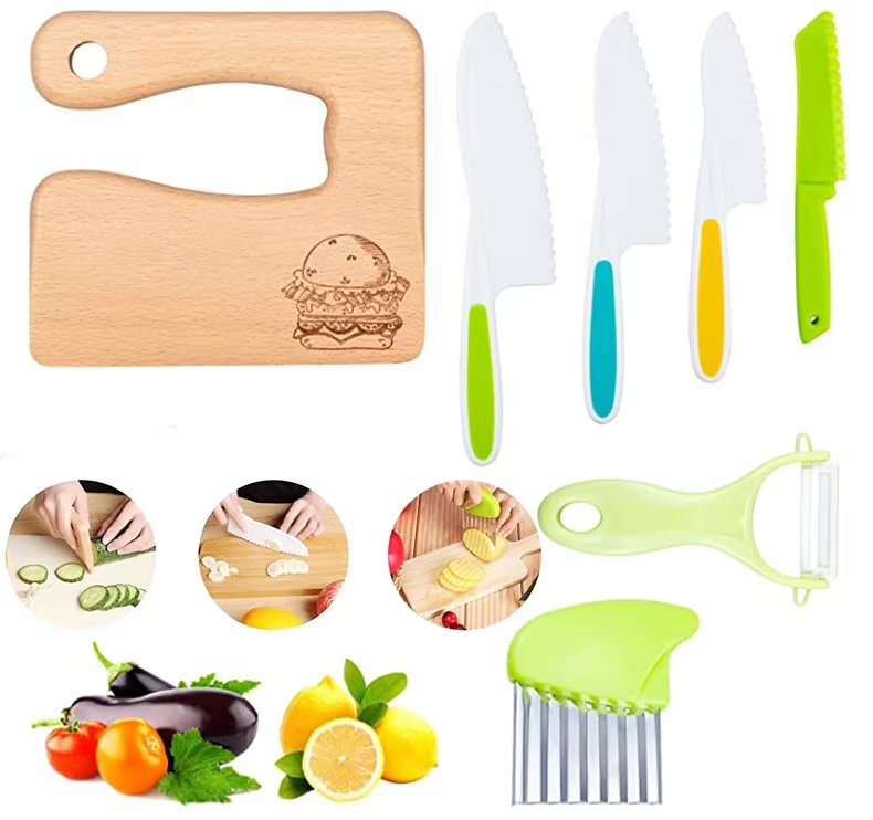 7 Pieces Wooden Kids Kitchen Knife Include Wood Kids Safe Knives for