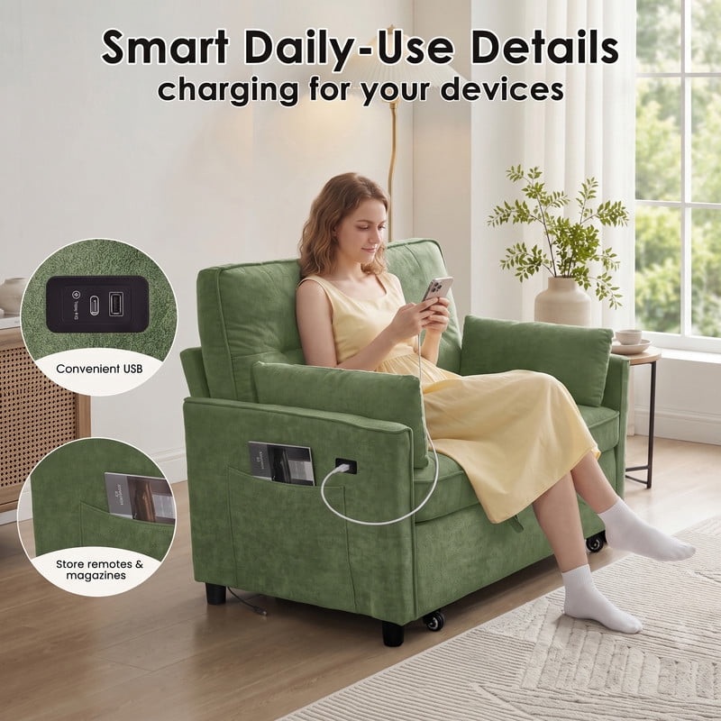 Anpport 54" 3‑in‑1 Convertible Sofa Bed, Towel Fabric, 3‑Position Adjustable Backrest with USB Charging Ports, for Living Room, Apartment, Green