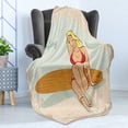 thumbnail image 4 of Pin up Girl Soft Flannel Fleece Throw Blanket, Blonde Girl in PolkDotted Red Bikinind Sitting on Wooden Surfboard, Cozy Plush for Indoor and Outdoor Use, 70" x 90", Multicolor, by Ambesonne, 4 of 5