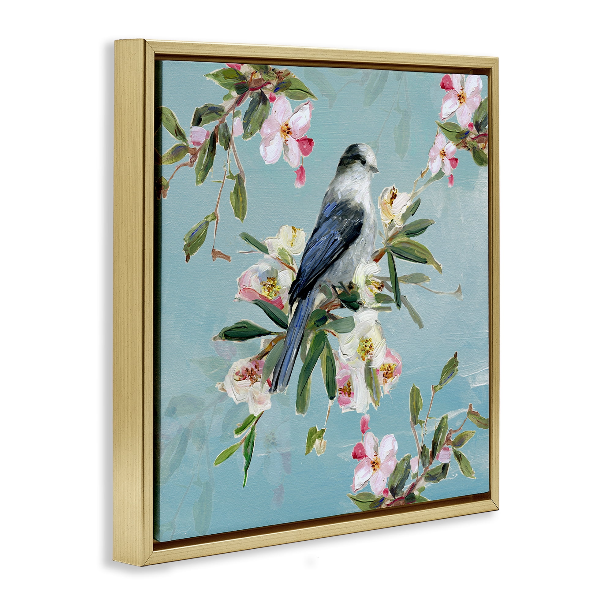 Stupell Industries Pastel Songbird Among Blossoms Gold Framed Floater Canvas Wall Art, design by Sally Swatland