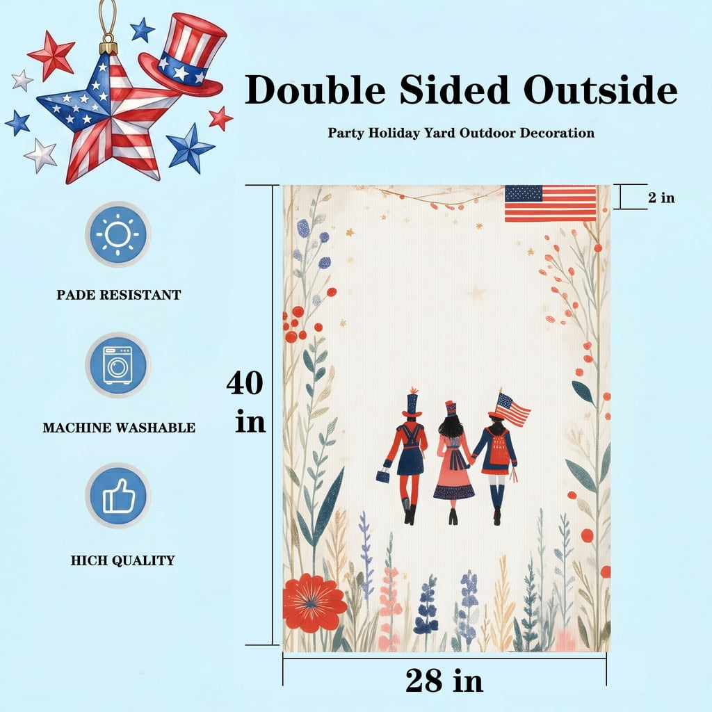 America 250 Garden Flag: A group of people walking through a field of flowers. with America 250 Decorations for July 4th Outside