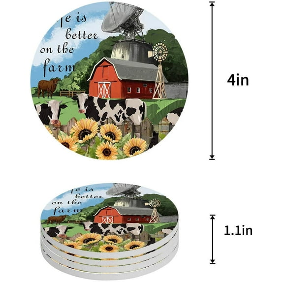 FMSHPON Life is Better on The Farm Sunflower and Cow Set of 8 Round Coaster for Drinks, Absorbent Ceramic Stone Coasters Cup Mat with Cork Base for Home Kitchen Room Coffee Table Bar Decor
