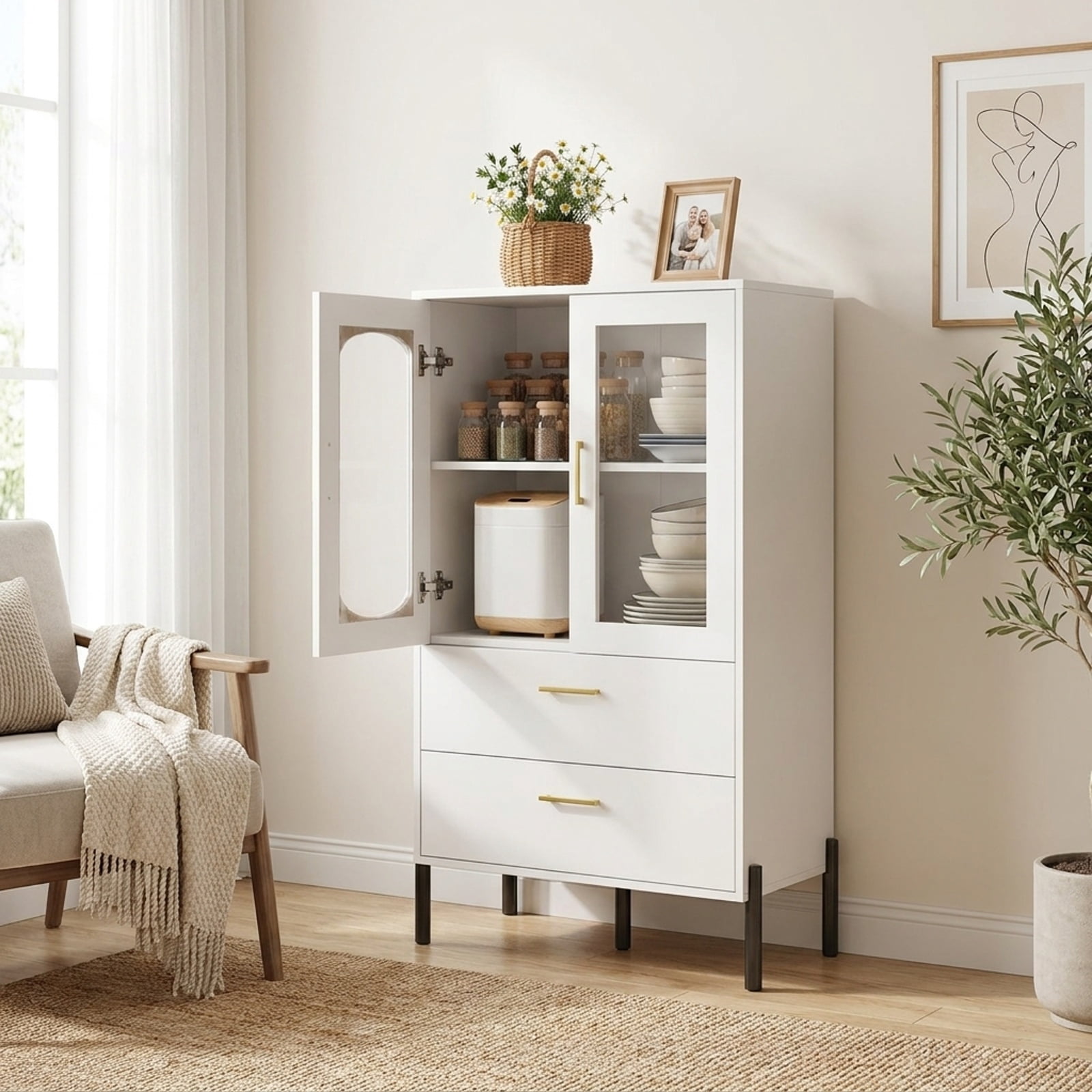 Furnibear Modern Sideboard Buffet Cabinet with Fluted Doors for Kitchen Dining Living Room Buffet Storage Server, White