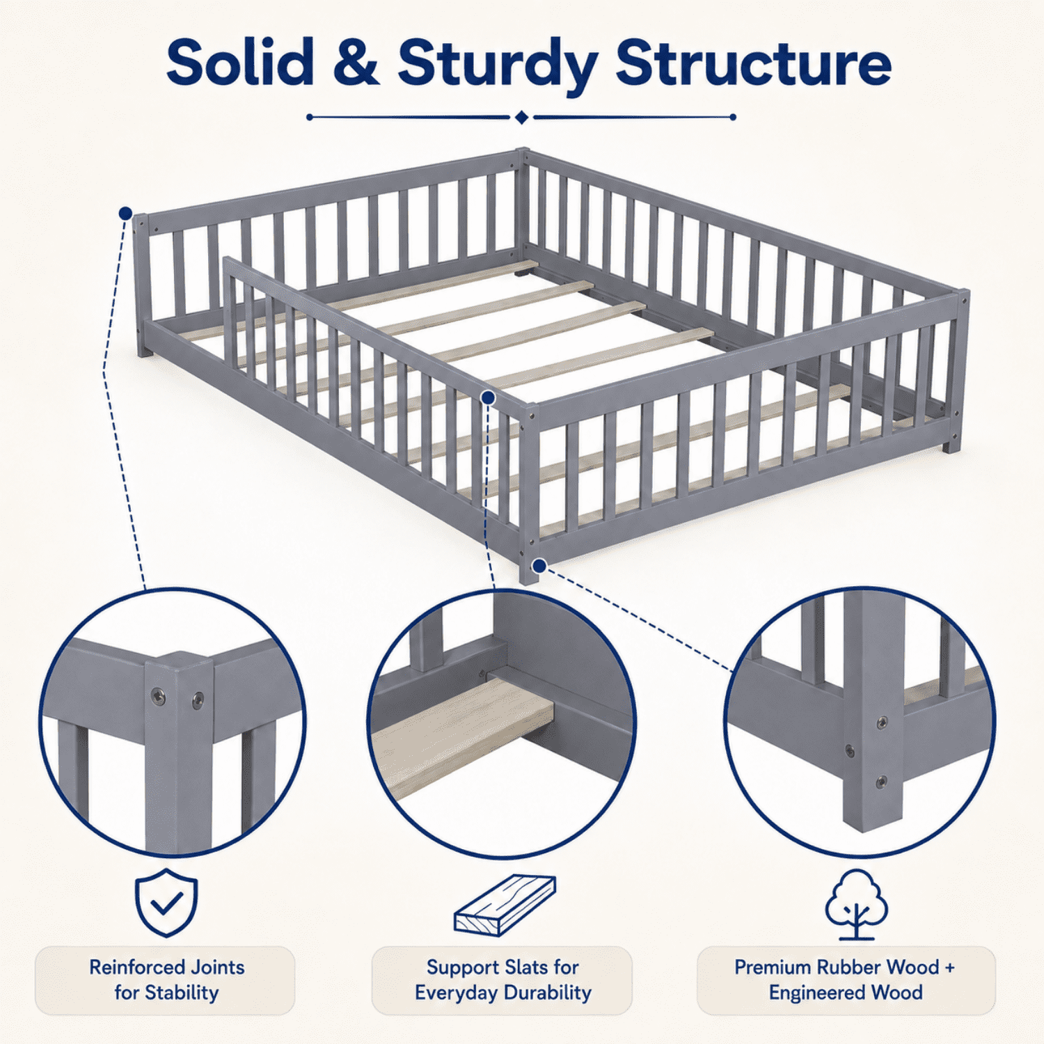Miniyam Full Size Montessori Kids Floor Bed Frame, Wooden Bed with Fence Rails, Gray