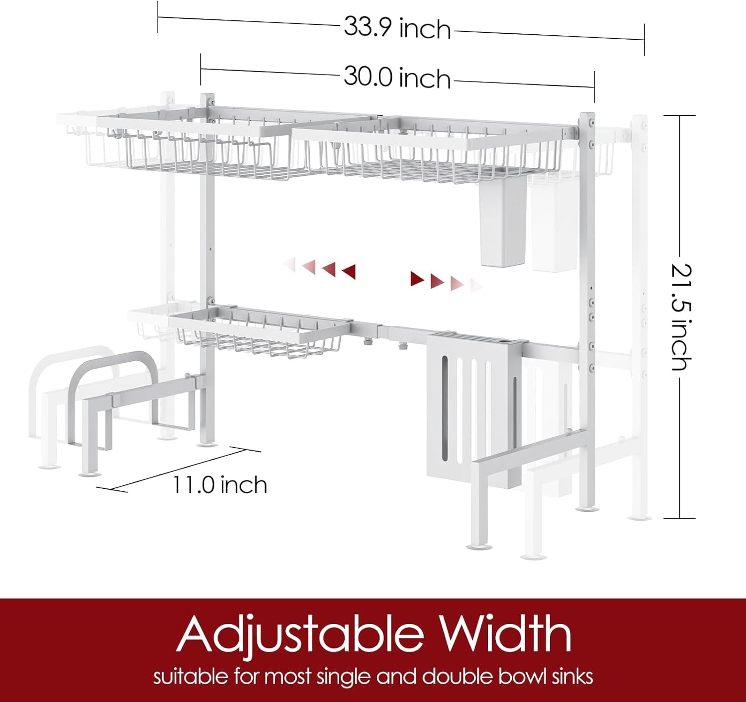 Sakugi Over The Sink Dish Drying Rack - Adjustable 2 Tier Large Capacity Stainless Steel Drainer with Cutlery & Utensil Holders, Kitchen Storage & Organization, 30"-33.9" L x 11" W x 21.5" H, Black