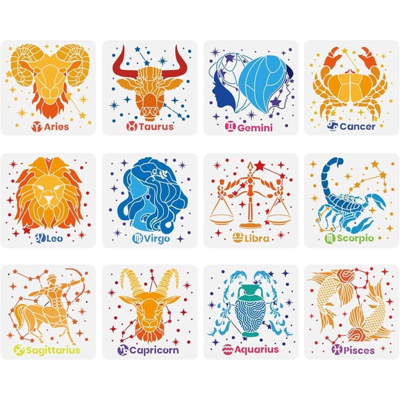 12 pcs Constellation Stencil 11.8x11.8inch Reusable Zodiac Symbols Painting Template DIY Craft Astrological Decoration Stencil for Painting on Wood Wall Fabric Furniture Colorful