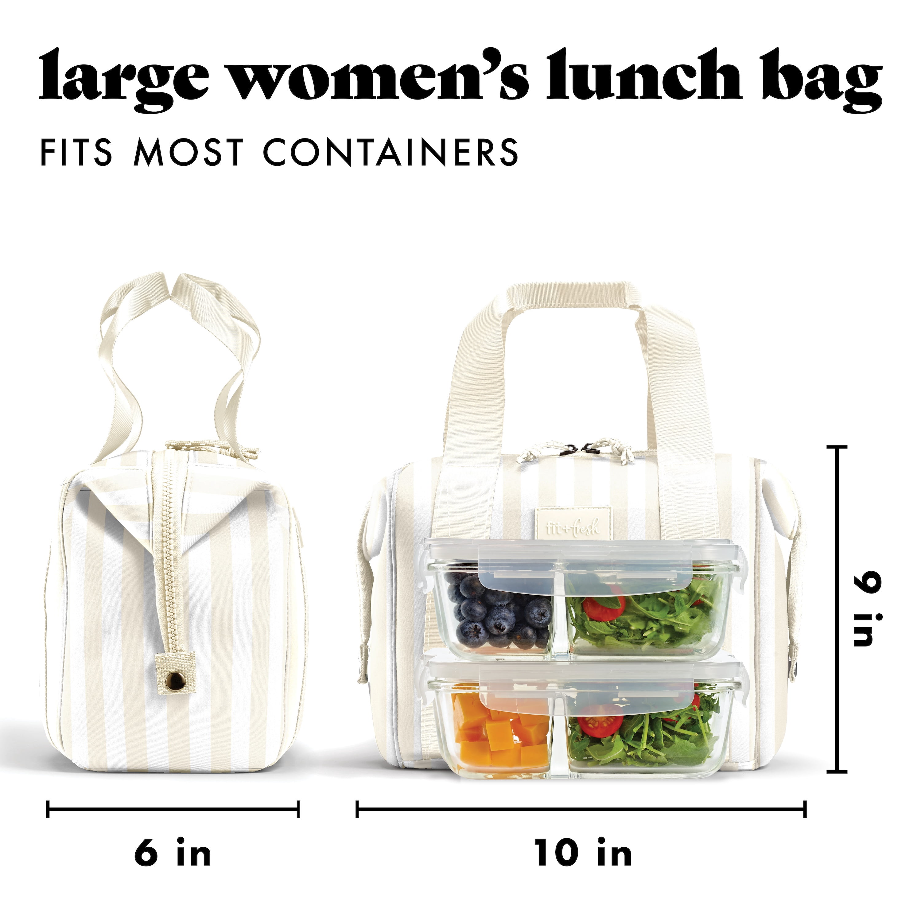 Fit + Fresh Remi Womens Lunch Bag, Insulated Lunch Box With Containers, Ivory Stripe