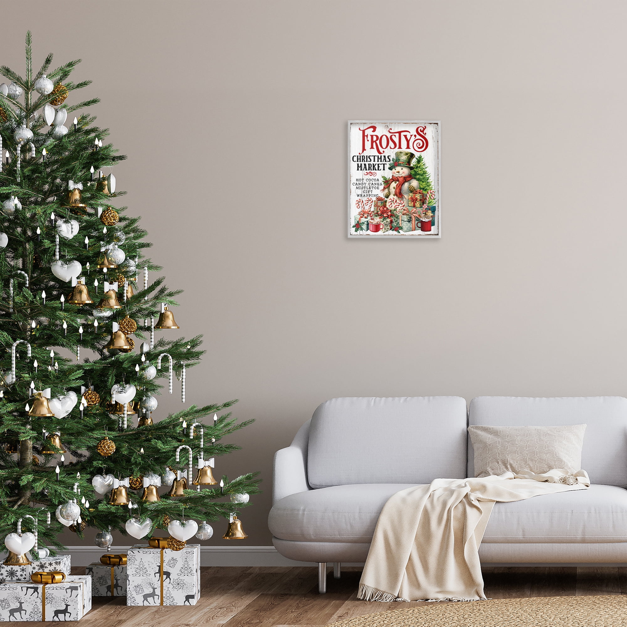Stupell Industries Frosty's Christmas Market Holiday Painting Gray Framed Art Prints Wall Art, 16 x 20
