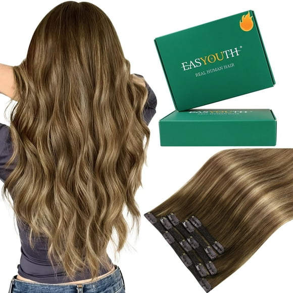 Easyouth Clip in Hair Extensions Human Hair Balayage Human Hair Clip in Extensions Brown Ombre Blonde Hair Extensions Clip in Real Human Hair 20 Inch Hair-
