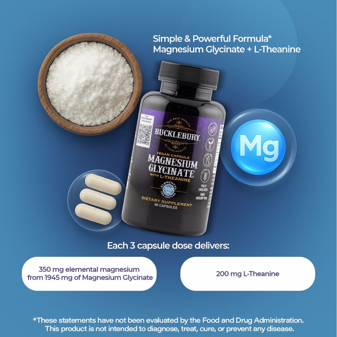 Bucklebury Magnesium Glycinate with L-Theanine Capsules Support Sleep, Bone, and Muscle - 90 Vegan Capsules